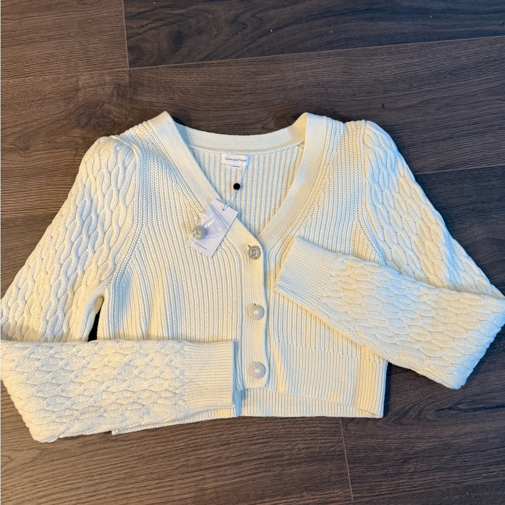 Lovers + Friends Cream Cable Knit Cardigan with Rhinestone Buttons Size Large